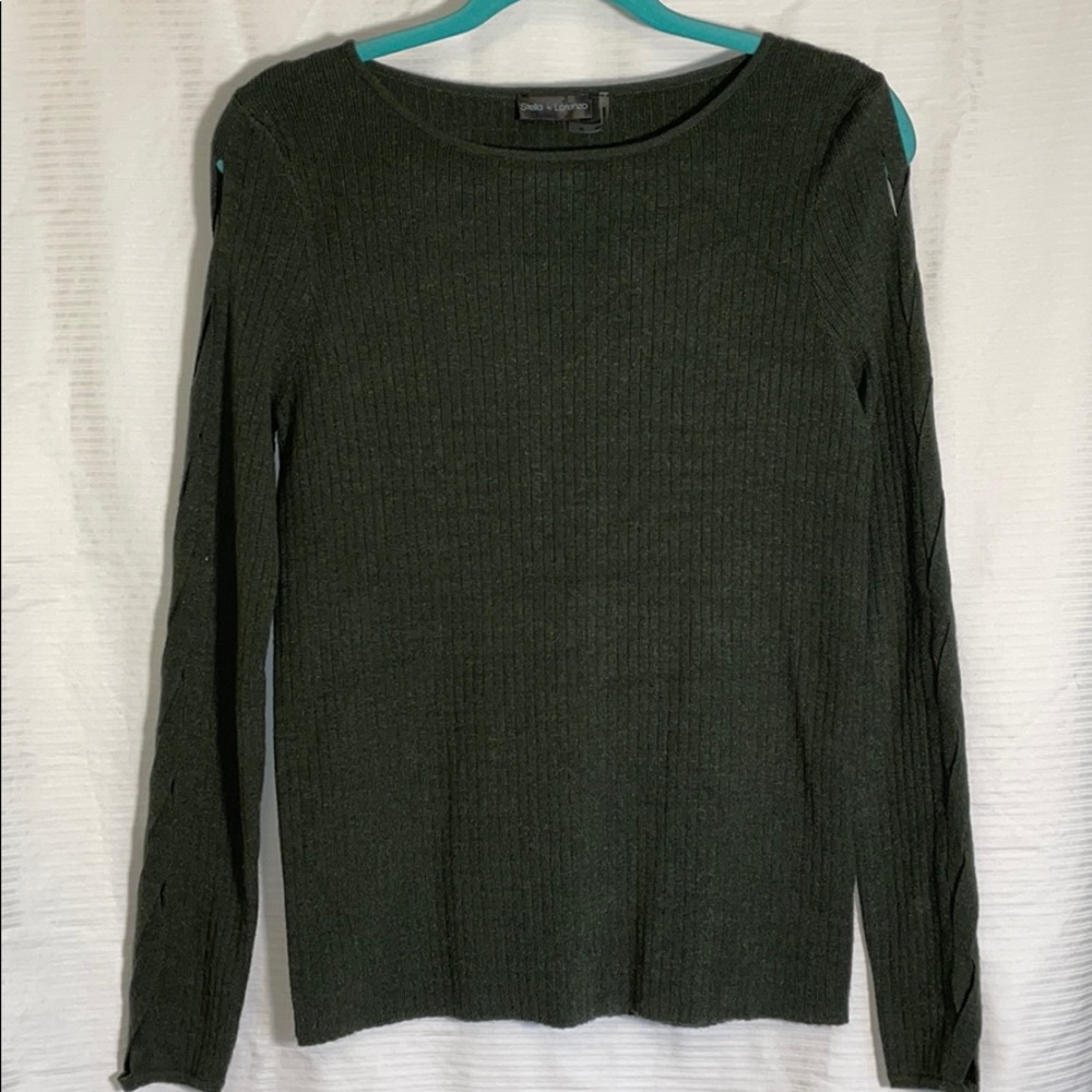 Olive scoop neck sweater with braided sleeves